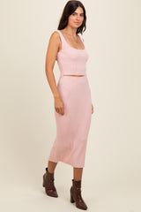 Light Pink Ribbed Square Neck Sleeveless Crop Skirt Set