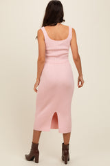 Light Pink Ribbed Square Neck Sleeveless Crop Skirt Set