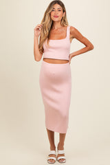 Light Pink Ribbed Square Neck Sleeveless Crop Maternity Skirt Set