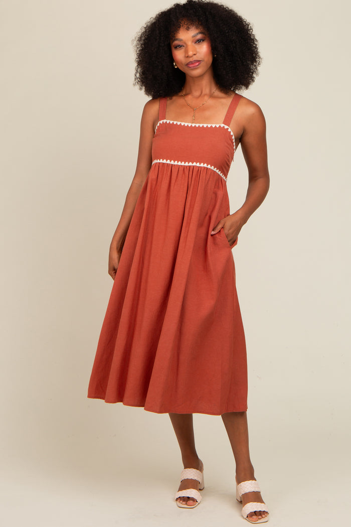 Rust Contrast Trim Maternity Midi Dress