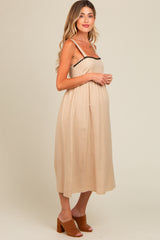 Beige Contrast Trim Maternity Midi Dress