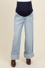 Light Blue Cuffed Relaxed Wide Leg Maternity Jeans