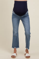 Blue Fringe Hem Crop Flare Maternity Jeans