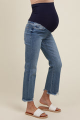 Blue Fringe Hem Crop Flare Maternity Jeans