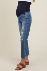 Blue Distressed Open Knee Cropped Straight Leg Maternity Jeans