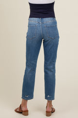 Blue Distressed Open Knee Cropped Straight Leg Maternity Jeans