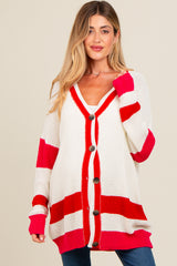 Red Colorblock Button Down Maternity Cardigan