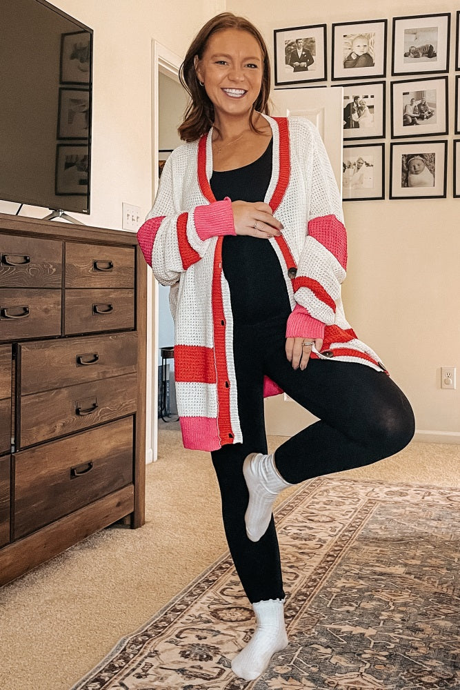 Red Colorblock Button Down Maternity Cardigan