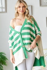 Green Textured Knit Striped Oversized Cardigan