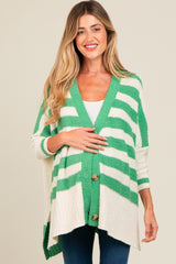 Green Textured Knit Striped Oversized Maternity Cardigan