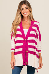 Magenta Textured Knit Striped Oversized Maternity Cardigan