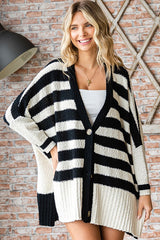 Black Textured Knit Striped Oversized Cardigan