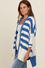 Blue Textured Knit Striped Oversized Cardigan