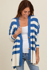 Blue Textured Knit Striped Oversized Cardigan