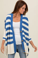 Blue Textured Knit Striped Oversized Cardigan