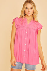 Hot Pink Ruffle Sleeve Flowy Woven Tunic