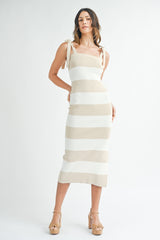 Beige Bow Shoulder Stripe Sweater Maxi Dress