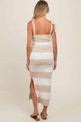 Beige Bow Shoulder Stripe Sweater Maternity Maxi Dress