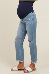 Light Blue Open Knee Fringe Hem Straight Leg Maternity Jeans