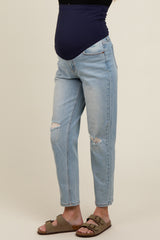 Light Blue Open Knee Straight Leg Maternity Jeans