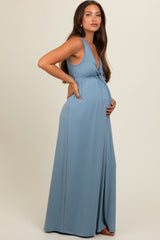 Blue Front Tie Cutout Sleeveless Maternity Maxi Dress