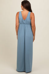 Blue Front Tie Cutout Sleeveless Maternity Maxi Dress