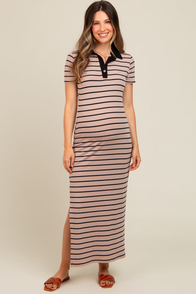Mocha Striped Collared Side Slit Maternity Maxi Dress