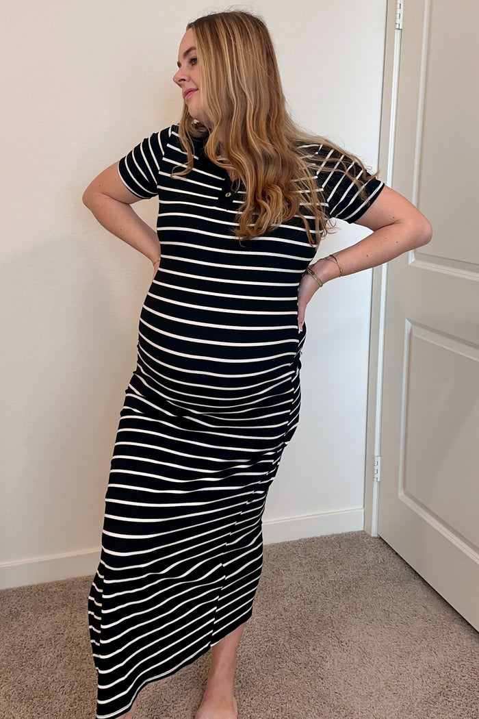 Black Striped Collared Side Slit Maternity Maxi Dress