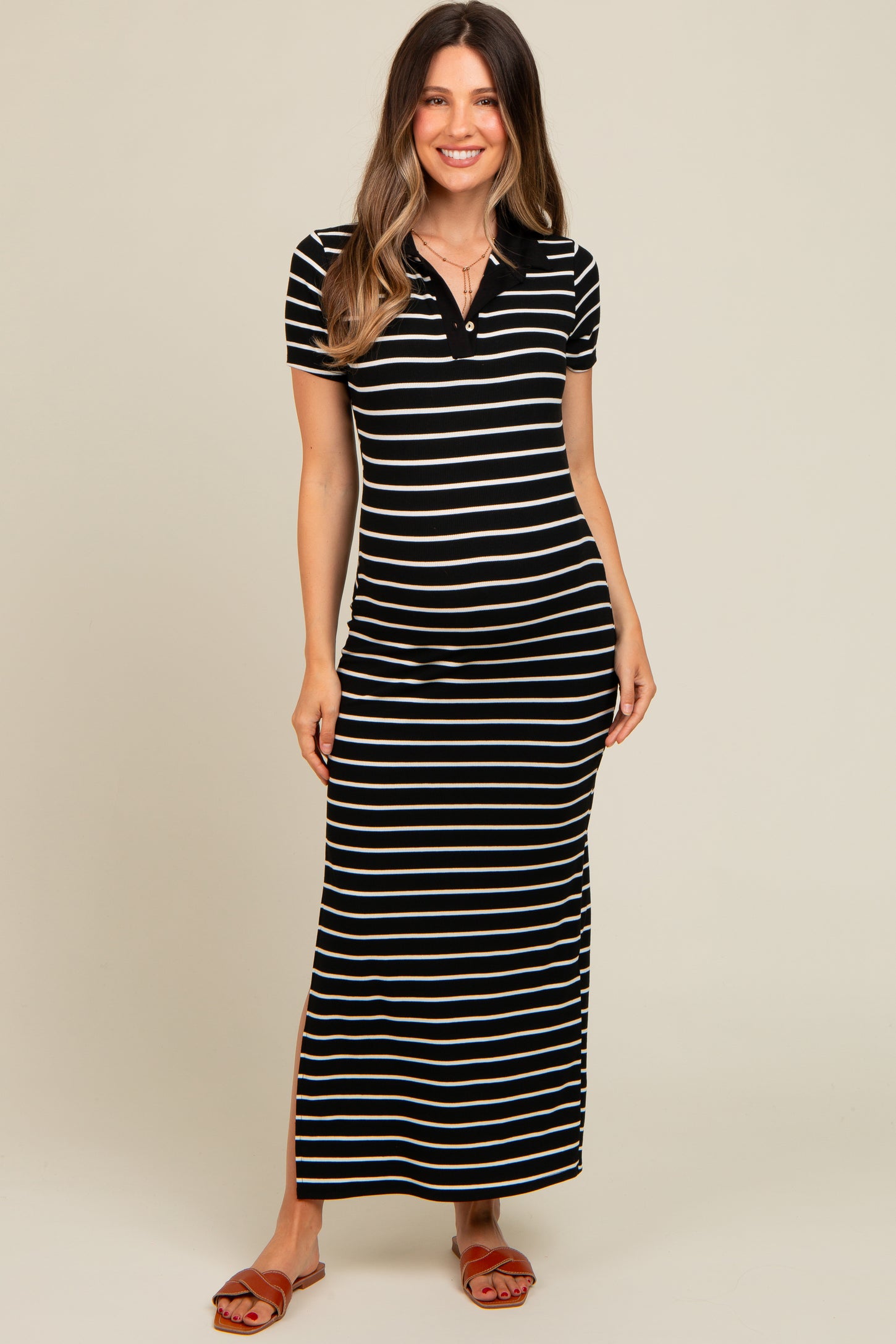 Black Striped Collared Side Slit Maternity Maxi Dress