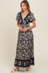 Black Floral Border Printed Woven Short Sleeve V-Neck Maxi Dress