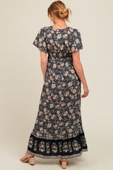 Black Floral Border Printed Woven Short Sleeve V-Neck Maternity Maxi Dress