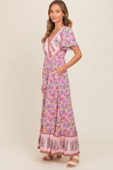 Pink Floral Border Printed Woven Short Sleeve V-Neck Maternity Maxi Dress