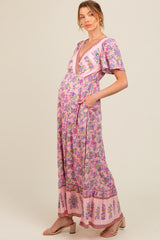 Pink Floral Border Printed Woven Short Sleeve V-Neck Maternity Maxi Dress