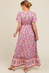 Pink Floral Border Printed Woven Short Sleeve V-Neck Maternity Maxi Dress