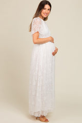 White Lace Sheer Lace Back Maternity Maxi Dress