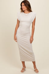 Ivory Padded Shoulder Fitted Maternity Midi Dress