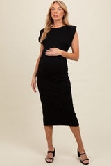 Black Padded Shoulder Fitted Maternity Midi Dress