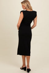 Black Padded Shoulder Fitted Maternity Midi Dress