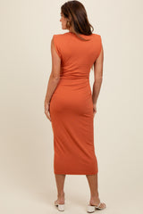 Rust Padded Shoulder Fitted Midi Dress