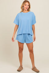 Blue Ribbed Maternity Shorts Set