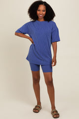 Royal Blue Ribbed Maternity Biker Shorts Set