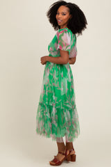 Green Leaf Print Mesh Smocked Midi Dress