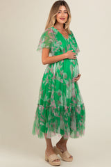 Green Leaf Print Mesh Smocked Maternity Midi Dress