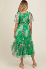 Green Leaf Print Mesh Smocked Maternity Midi Dress