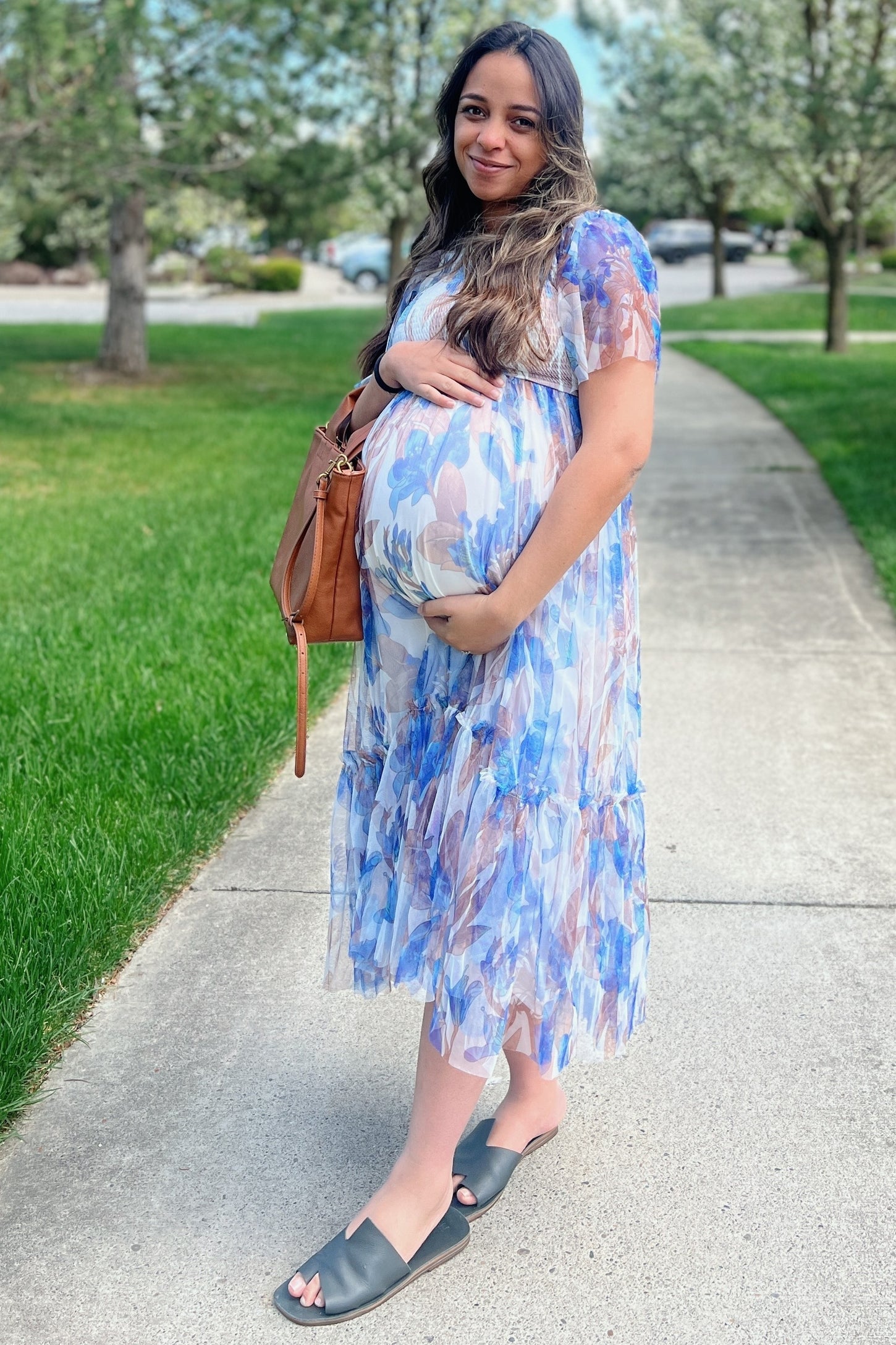 White Leaf Print Mesh Smocked Maternity Midi Dress