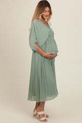 Light Olive Pleated V Neck Maternity Maxi Dress