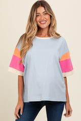 Light Blue Colorblock Detail Short Sleeve Maternity Top