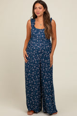 Navy Blue Back Cutout Wide Leg Maternity Jumpsuit