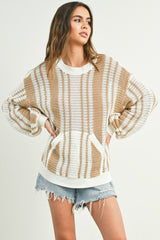 Mocha Striped Front Pocket Sweater