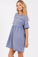 Blue Raw Hem Short Sleeve Dress